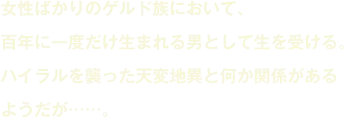 女性ばかりのゲルド族において、百年に一度だけ生まれる男として生を受ける。ハイラルを襲った天変地異と何か関係があるようだが……。