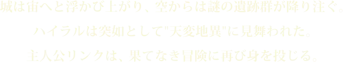 城は宙へと浮かび上がり、空からは謎の遺跡群が降り注ぐ。ハイラルは突如として”天変地異”に見舞われた。主人公リンクは、果てなき冒険に再び身を投じる。