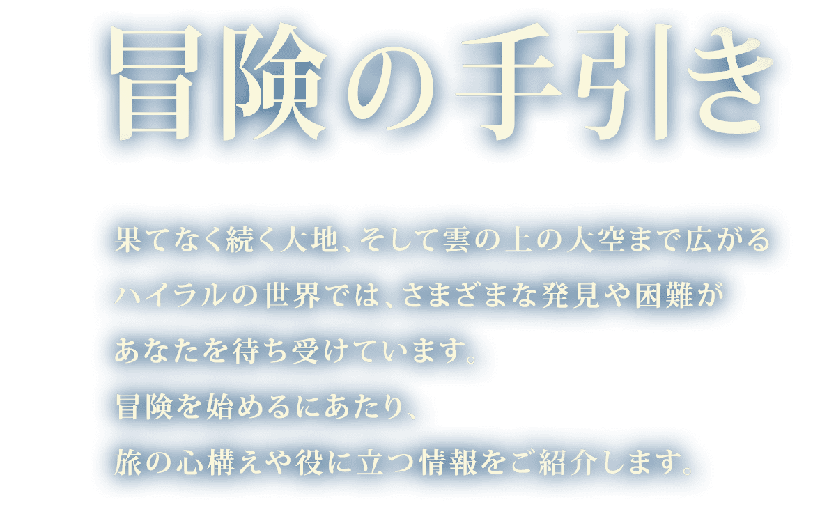 冒険の手引き 果てなく続く大地、そして雲の上の大空まで広がるハイラルの世界では、さまざまな発見や困難があなたを待ち受けています。冒険を始めるにあたり、旅の心構えや役に立つ情報をご紹介します。